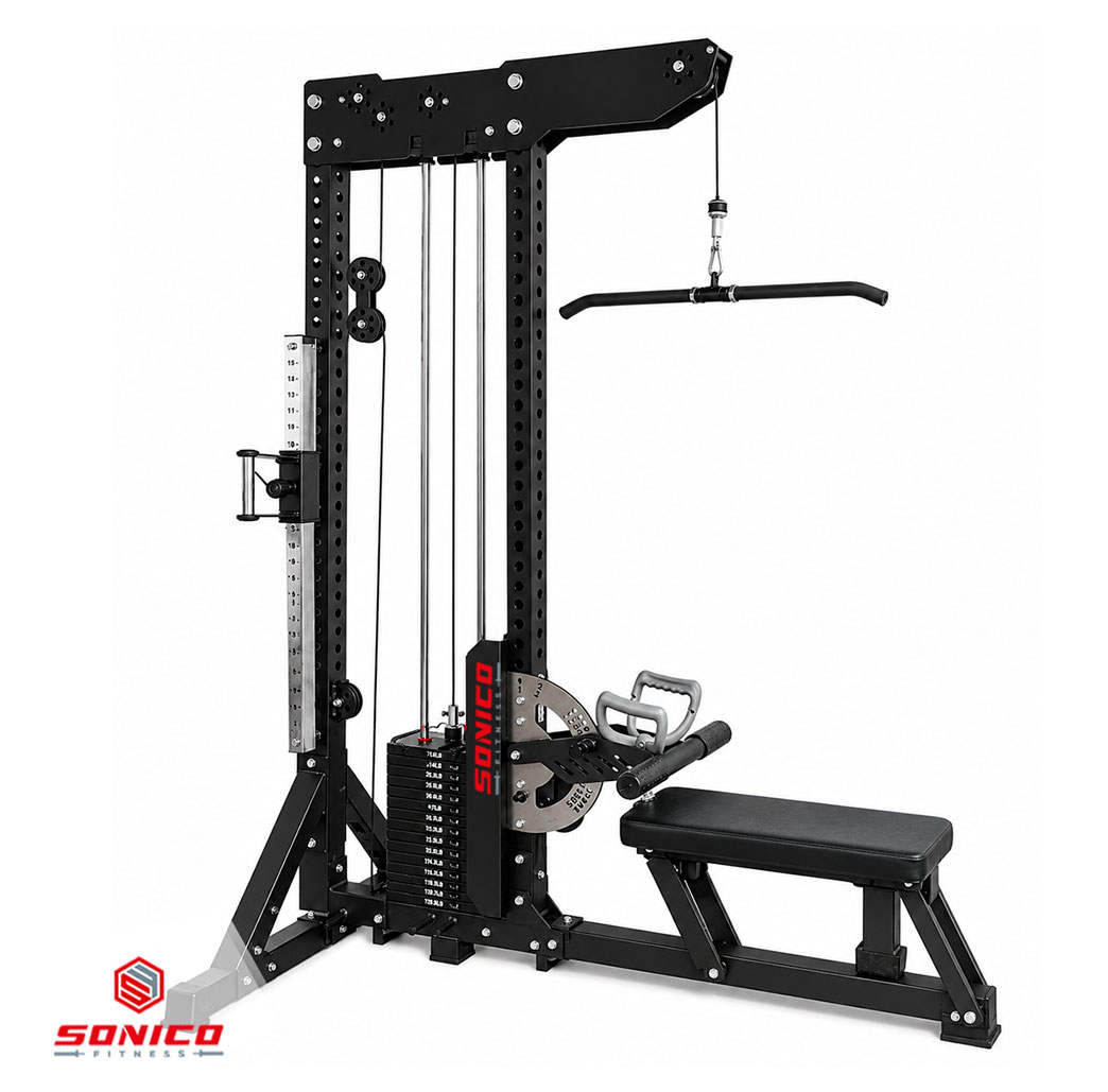Máquina profesional de jalón de espalda y remo sentado con polea alta y baja. Equipo de musculación ideal para gimnasios comerciales, centros de entrenamiento y estudios fitness en Perú.