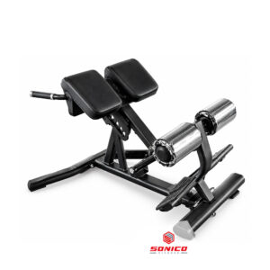 Banco de hiperextensión lumbar profesional con apoyos acolchados y rodillos para piernas.